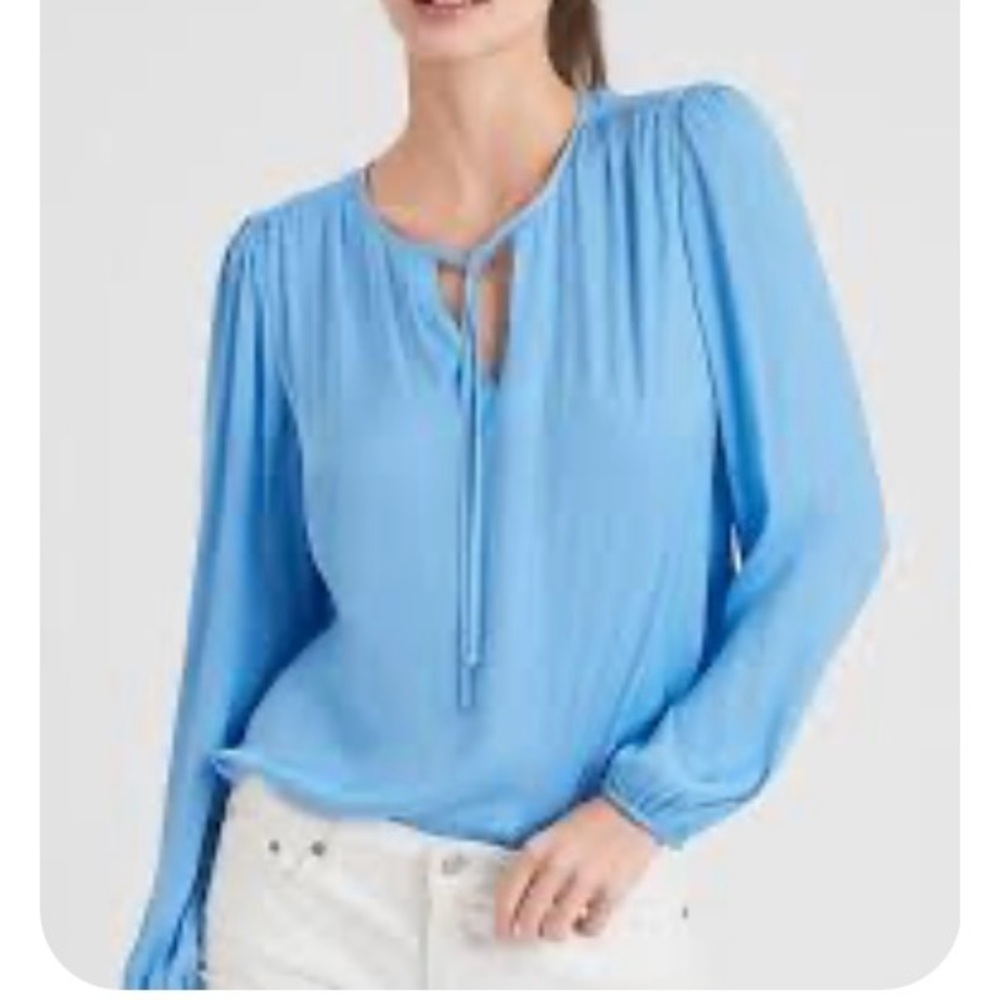 NWT Blue Shirred Tie-Front Blouse